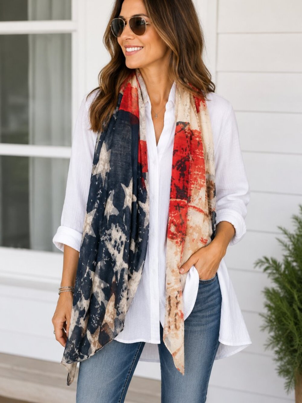 Women’s Patriotic American Flag 4th of July Style Scarf – Soft Polyester Shawl